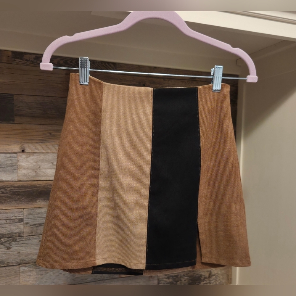 Altar'd State A-Line Mini Skirt - Brown, Tan, & Black  4" Slit & Zipper Closure